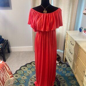 Vintage Sears Coral Off the Shoulder Maxi Gown